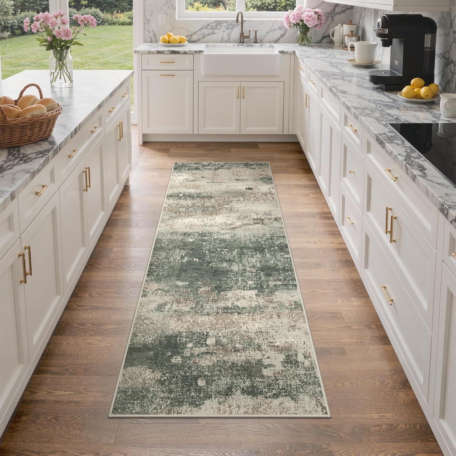 imageGENIMO 5x7 Vintage Floral Area Rug Soft Microfiber Washable Rug with NonSlip Backing Beige Carpet for Living Room Bedroom and Dining RoomSage Sand