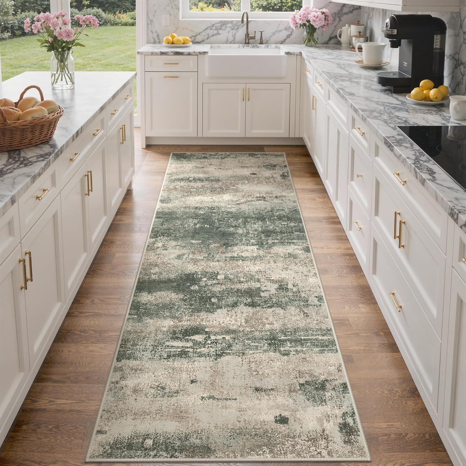 imageGENIMO 5x7 Vintage Floral Area Rug Soft Microfiber Washable Rug with NonSlip Backing Beige Carpet for Living Room Bedroom and Dining RoomSage Sand