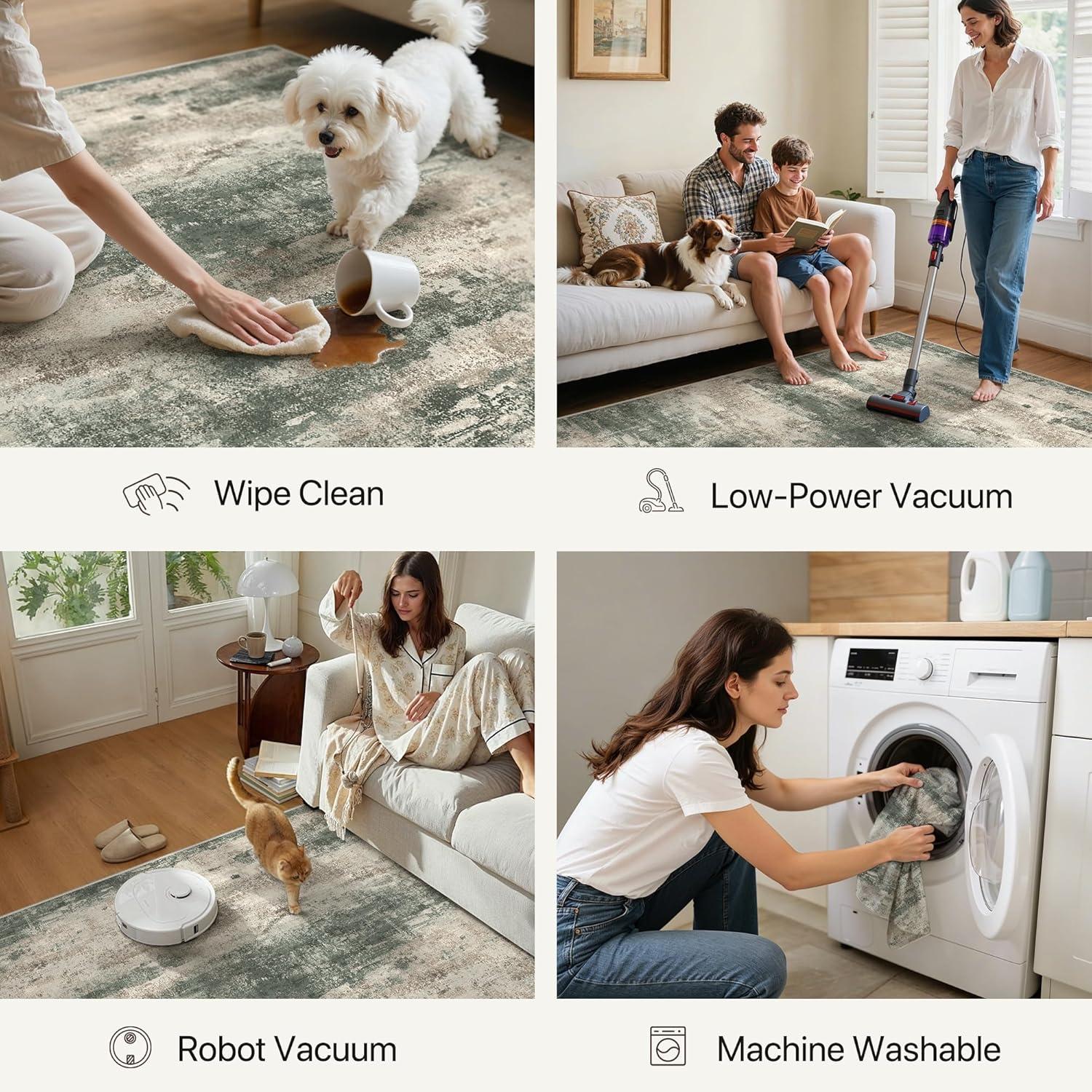 imageGENIMO 5x7 Vintage Floral Area Rug Soft Microfiber Washable Rug with NonSlip Backing Beige Carpet for Living Room Bedroom and Dining RoomSage Sand