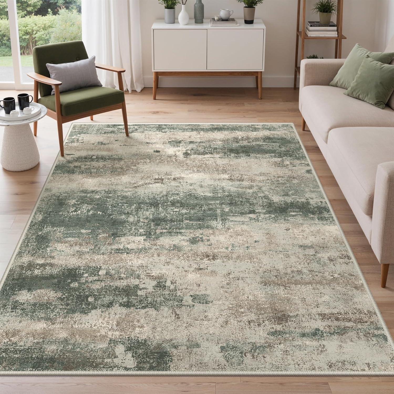 imageGENIMO 5x7 Vintage Floral Area Rug Soft Microfiber Washable Rug with NonSlip Backing Beige Carpet for Living Room Bedroom and Dining RoomSage Sand