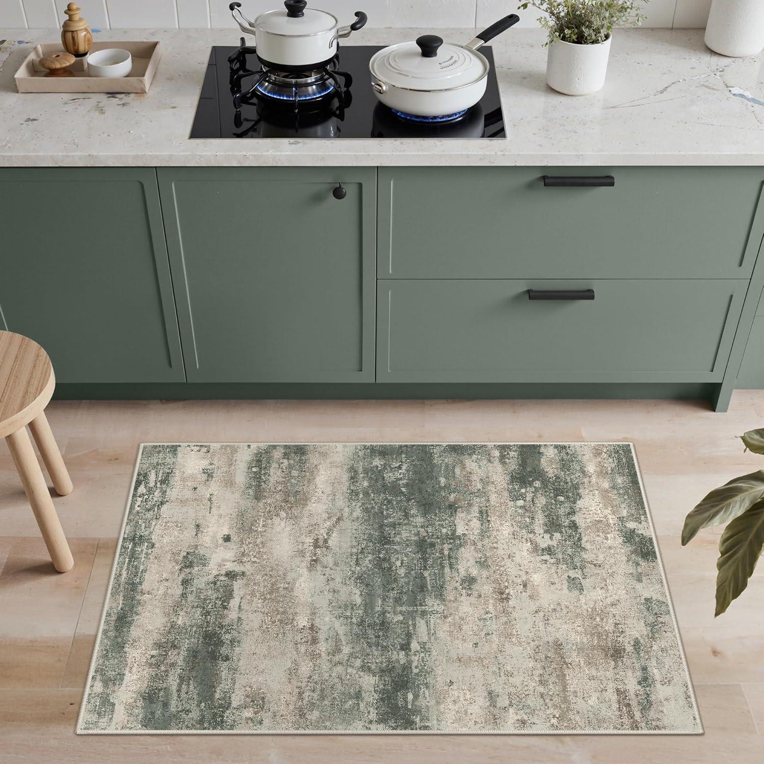 imageGENIMO 5x7 Vintage Floral Area Rug Soft Microfiber Washable Rug with NonSlip Backing Beige Carpet for Living Room Bedroom and Dining RoomSage Sand