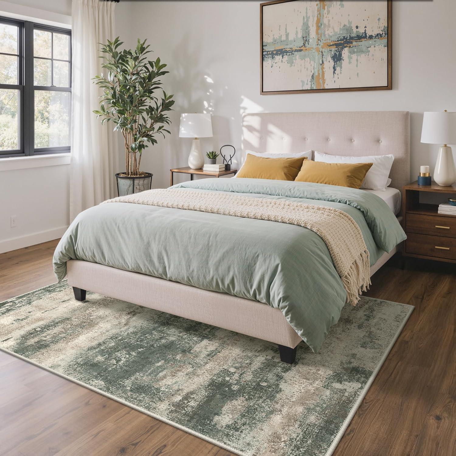 imageGENIMO 5x7 Vintage Floral Area Rug Soft Microfiber Washable Rug with NonSlip Backing Beige Carpet for Living Room Bedroom and Dining RoomSage Sand
