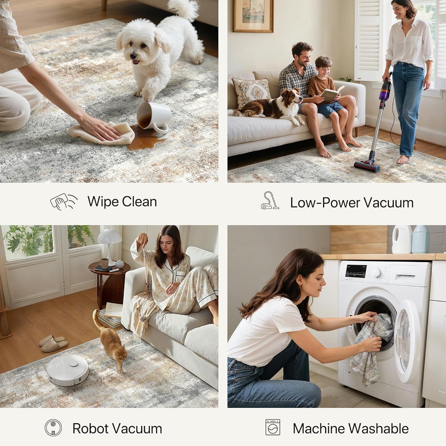 imageGENIMO 5x7 Vintage Floral Area Rug Soft Microfiber Washable Rug with NonSlip Backing Beige Carpet for Living Room Bedroom and Dining RoomSilver Tan