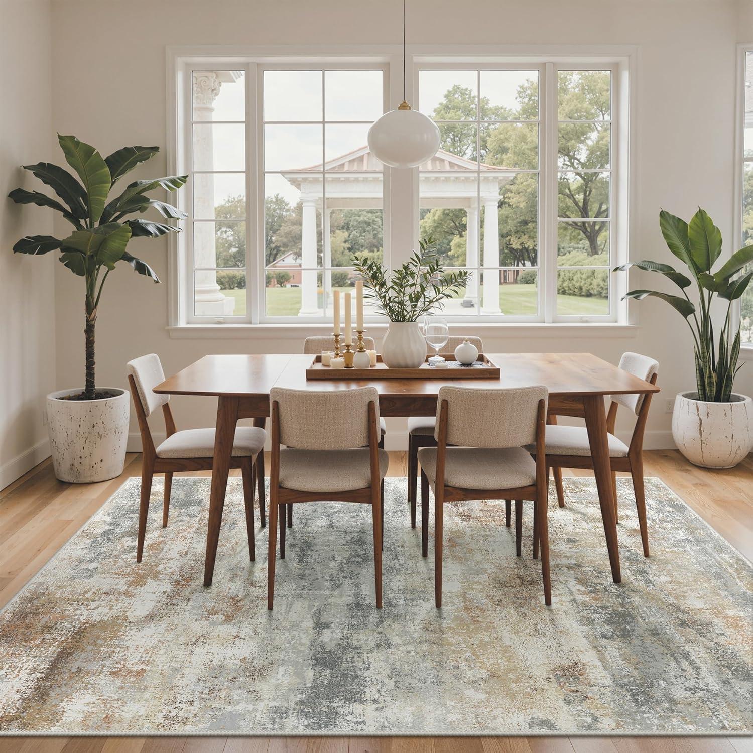 imageGENIMO 5x7 Vintage Floral Area Rug Soft Microfiber Washable Rug with NonSlip Backing Beige Carpet for Living Room Bedroom and Dining RoomSilver Tan
