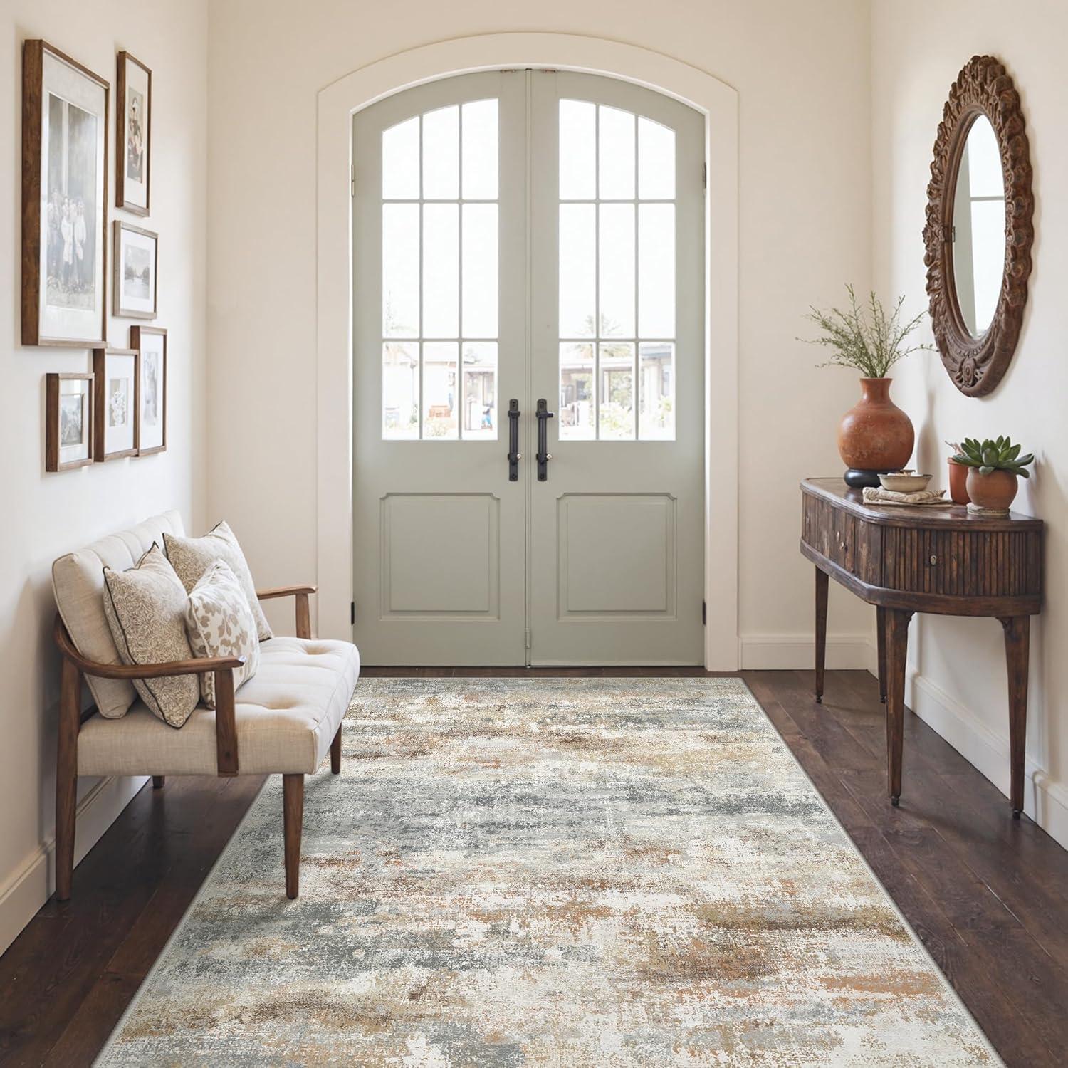 imageGENIMO 5x7 Vintage Floral Area Rug Soft Microfiber Washable Rug with NonSlip Backing Beige Carpet for Living Room Bedroom and Dining RoomSilver Tan