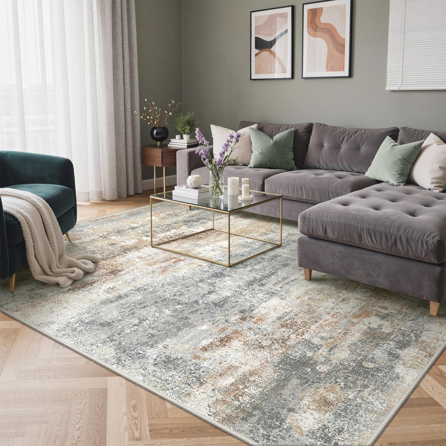 imageGENIMO 5x7 Vintage Floral Area Rug Soft Microfiber Washable Rug with NonSlip Backing Beige Carpet for Living Room Bedroom and Dining RoomSilver Tan