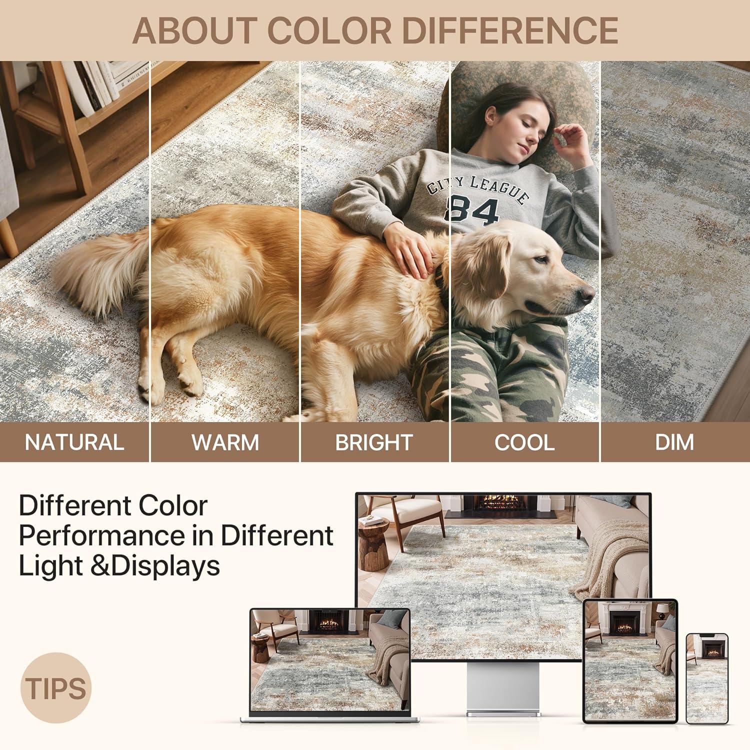 imageGENIMO 5x7 Vintage Floral Area Rug Soft Microfiber Washable Rug with NonSlip Backing Beige Carpet for Living Room Bedroom and Dining RoomSilver Tan