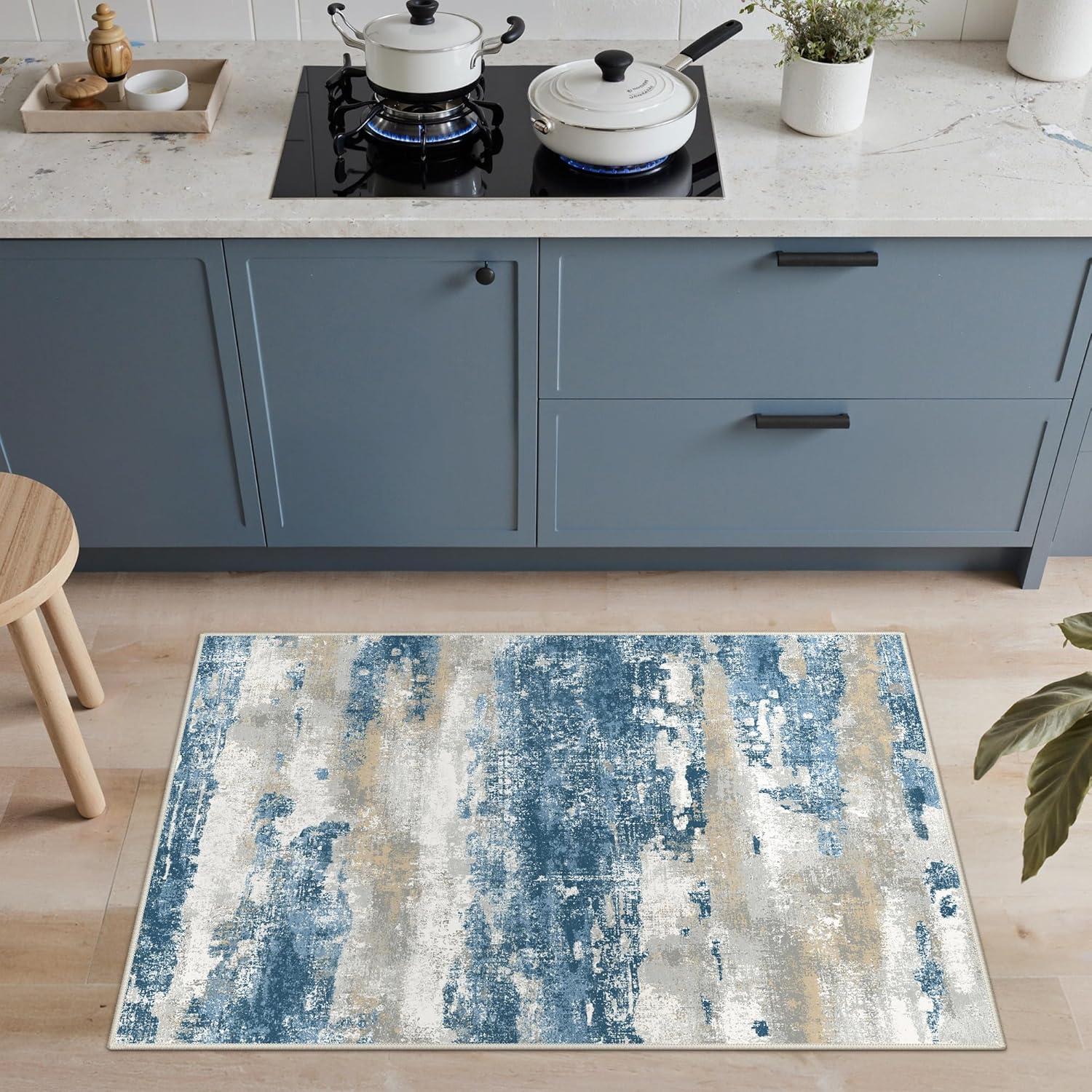 imageGENIMO 5x7 Vintage Floral Area Rug Soft Microfiber Washable Rug with NonSlip Backing Beige Carpet for Living Room Bedroom and Dining RoomSky Blue