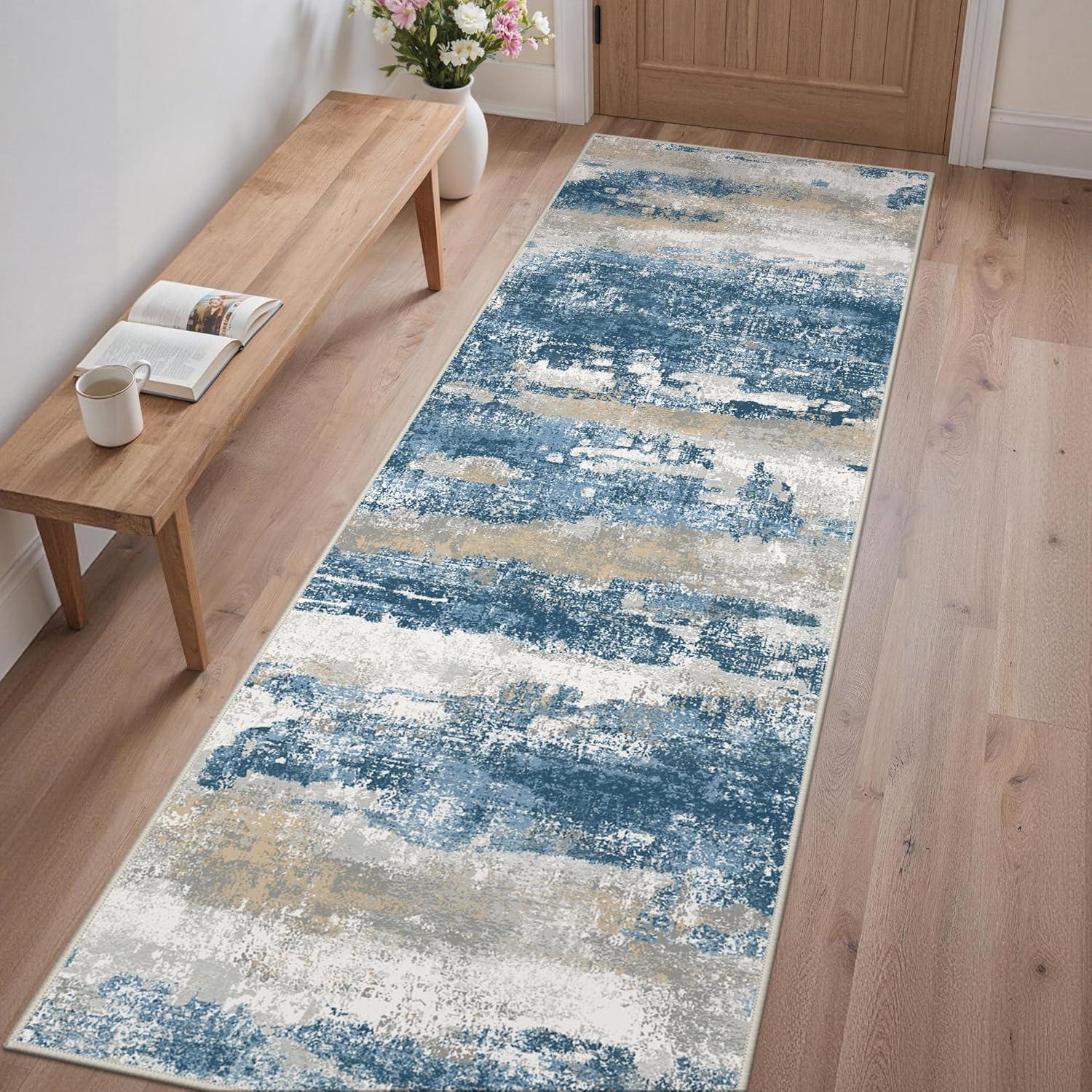 imageGENIMO 5x7 Vintage Floral Area Rug Soft Microfiber Washable Rug with NonSlip Backing Beige Carpet for Living Room Bedroom and Dining RoomSky Blue