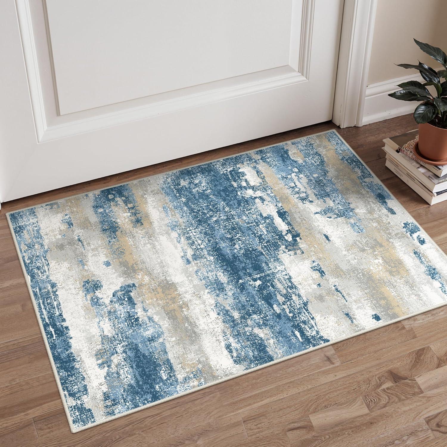 imageGENIMO 5x7 Vintage Floral Area Rug Soft Microfiber Washable Rug with NonSlip Backing Beige Carpet for Living Room Bedroom and Dining RoomSky Blue