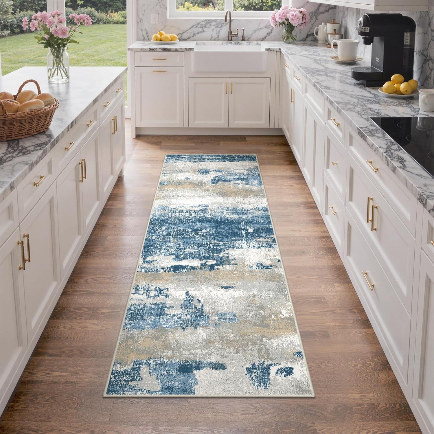 imageGENIMO 5x7 Vintage Floral Area Rug Soft Microfiber Washable Rug with NonSlip Backing Beige Carpet for Living Room Bedroom and Dining RoomSky Blue