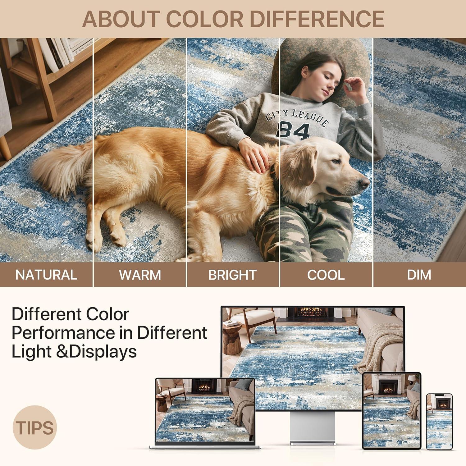 imageGENIMO 5x7 Vintage Floral Area Rug Soft Microfiber Washable Rug with NonSlip Backing Beige Carpet for Living Room Bedroom and Dining RoomSky Blue