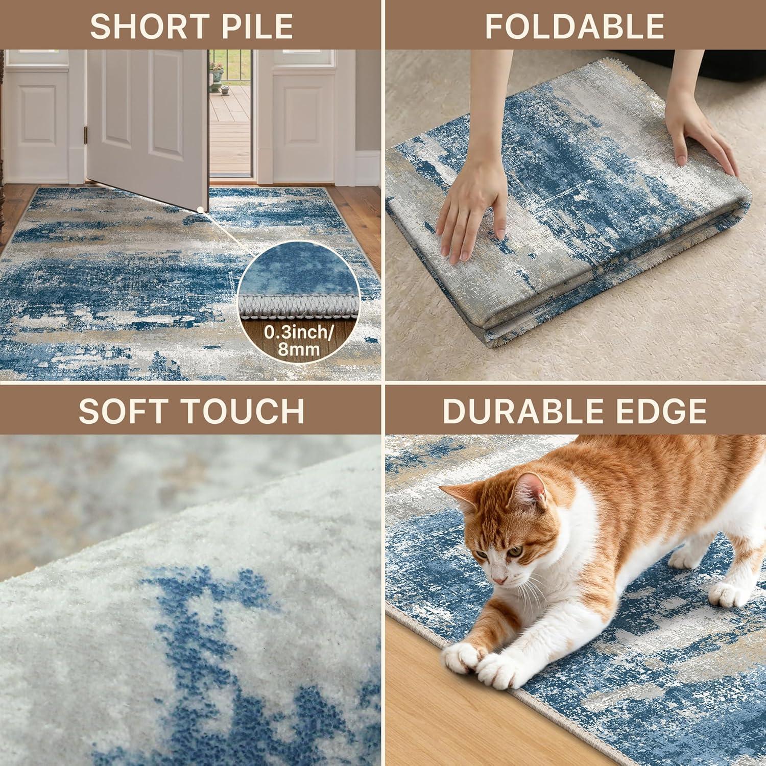imageGENIMO 5x7 Vintage Floral Area Rug Soft Microfiber Washable Rug with NonSlip Backing Beige Carpet for Living Room Bedroom and Dining RoomSky Blue
