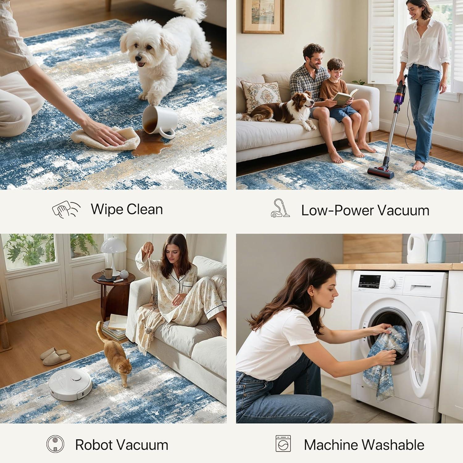 imageGENIMO 5x7 Vintage Floral Area Rug Soft Microfiber Washable Rug with NonSlip Backing Beige Carpet for Living Room Bedroom and Dining RoomSky Blue