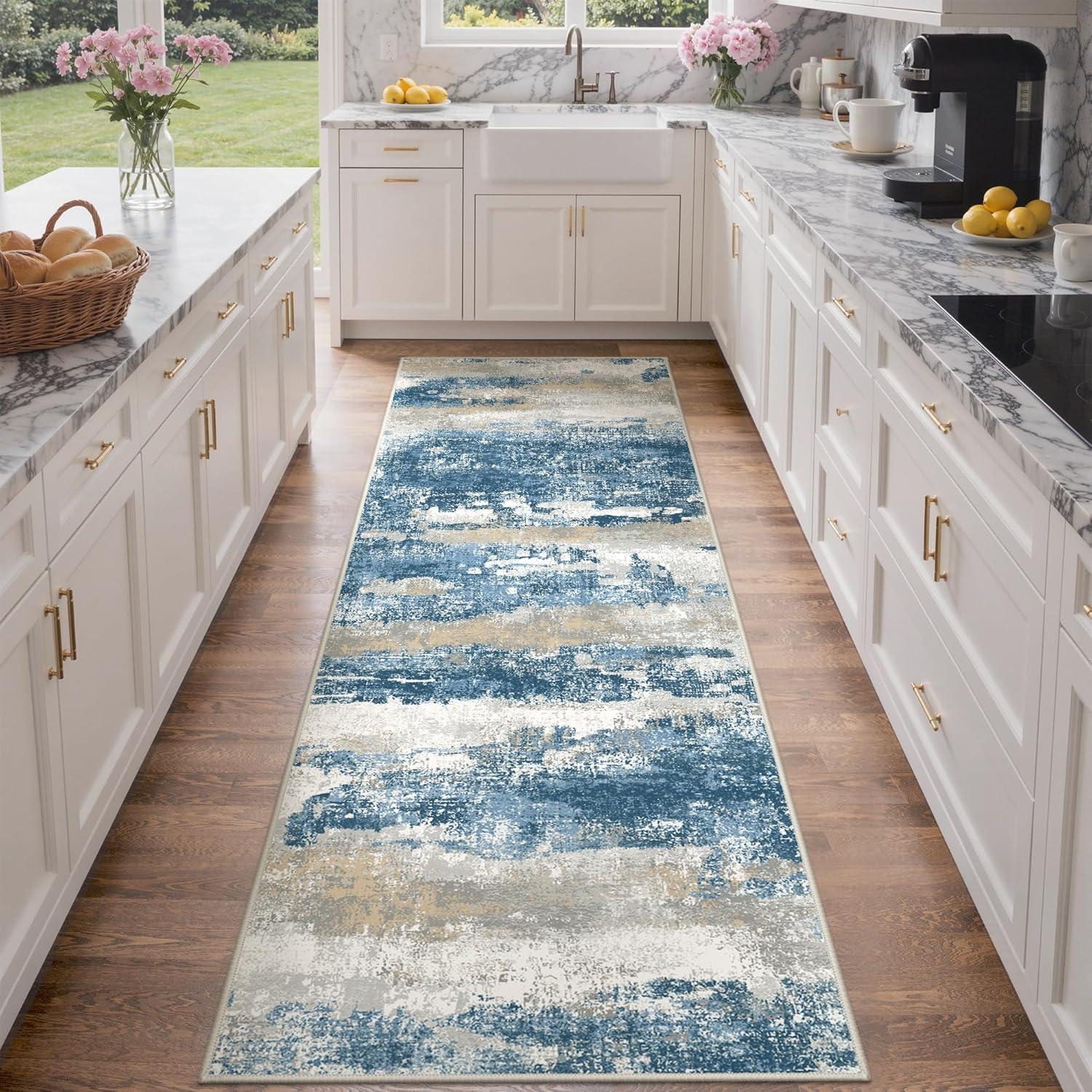 imageGENIMO 5x7 Vintage Floral Area Rug Soft Microfiber Washable Rug with NonSlip Backing Beige Carpet for Living Room Bedroom and Dining RoomSky Blue