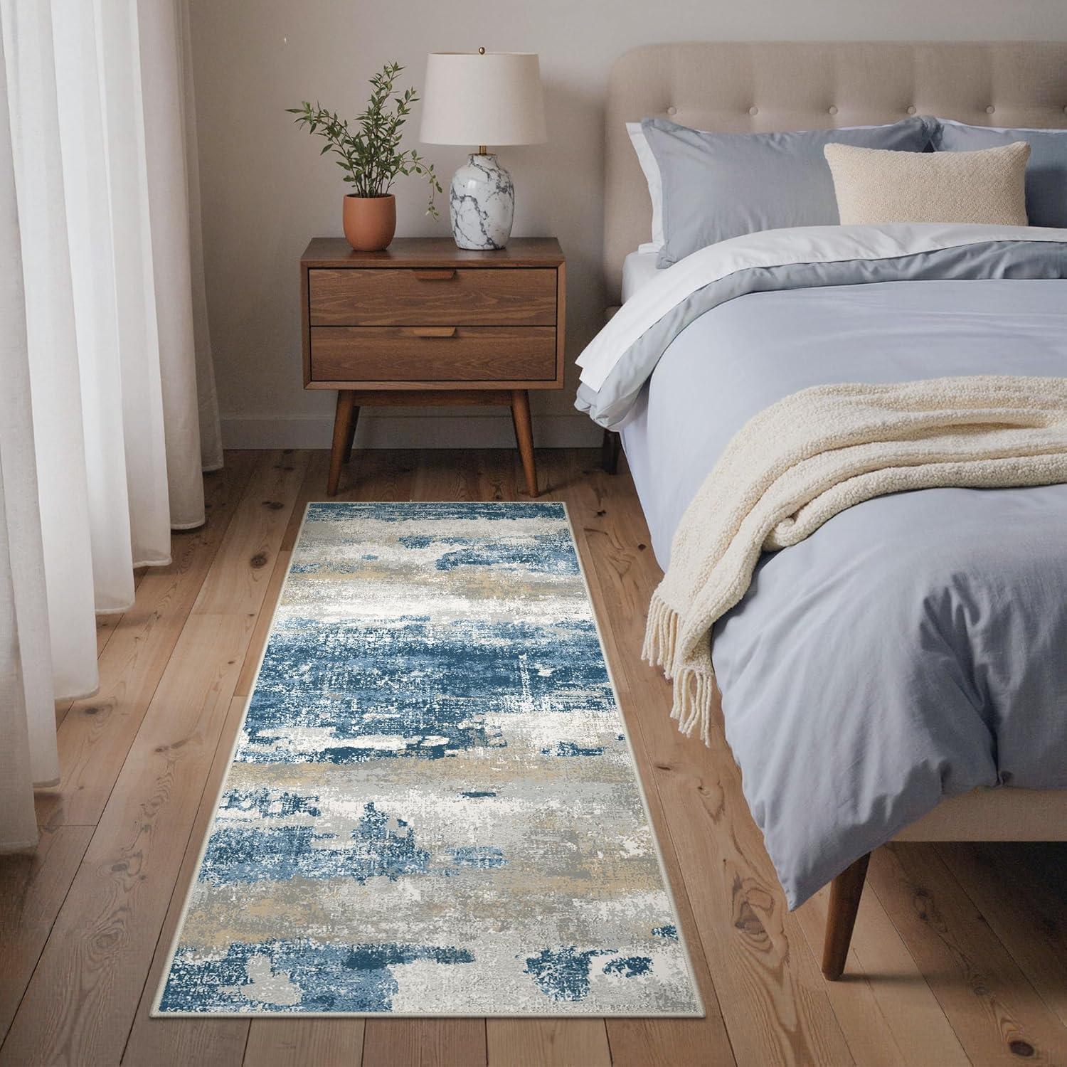 imageGENIMO 5x7 Vintage Floral Area Rug Soft Microfiber Washable Rug with NonSlip Backing Beige Carpet for Living Room Bedroom and Dining RoomSky Blue