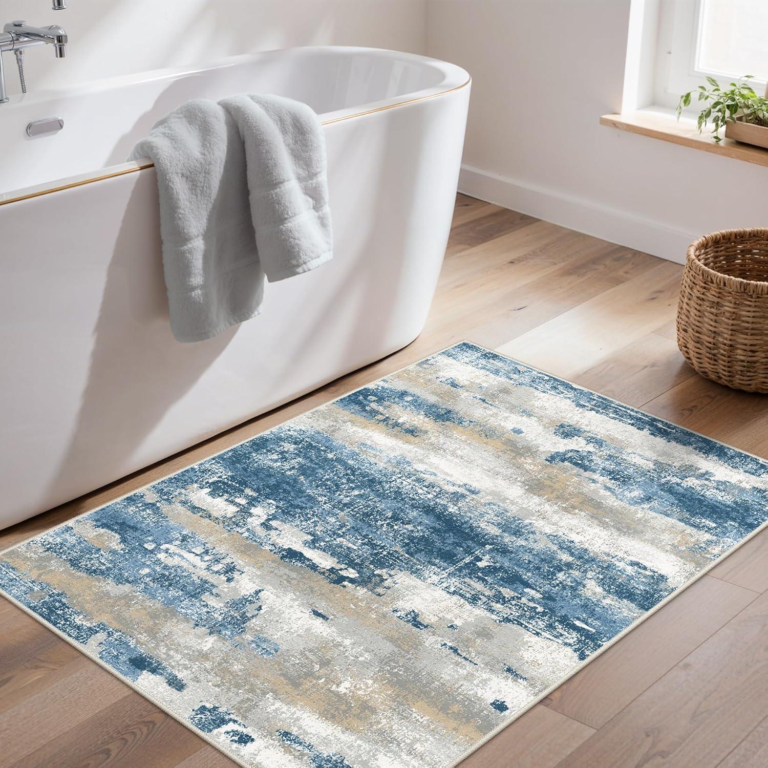 imageGENIMO 5x7 Vintage Floral Area Rug Soft Microfiber Washable Rug with NonSlip Backing Beige Carpet for Living Room Bedroom and Dining RoomSky Blue
