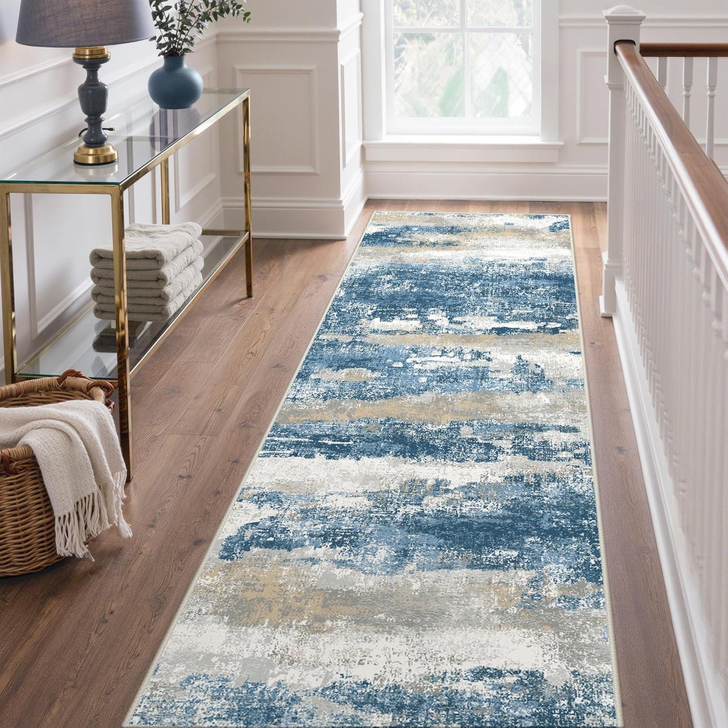 imageGENIMO 5x7 Vintage Floral Area Rug Soft Microfiber Washable Rug with NonSlip Backing Beige Carpet for Living Room Bedroom and Dining RoomSky Blue