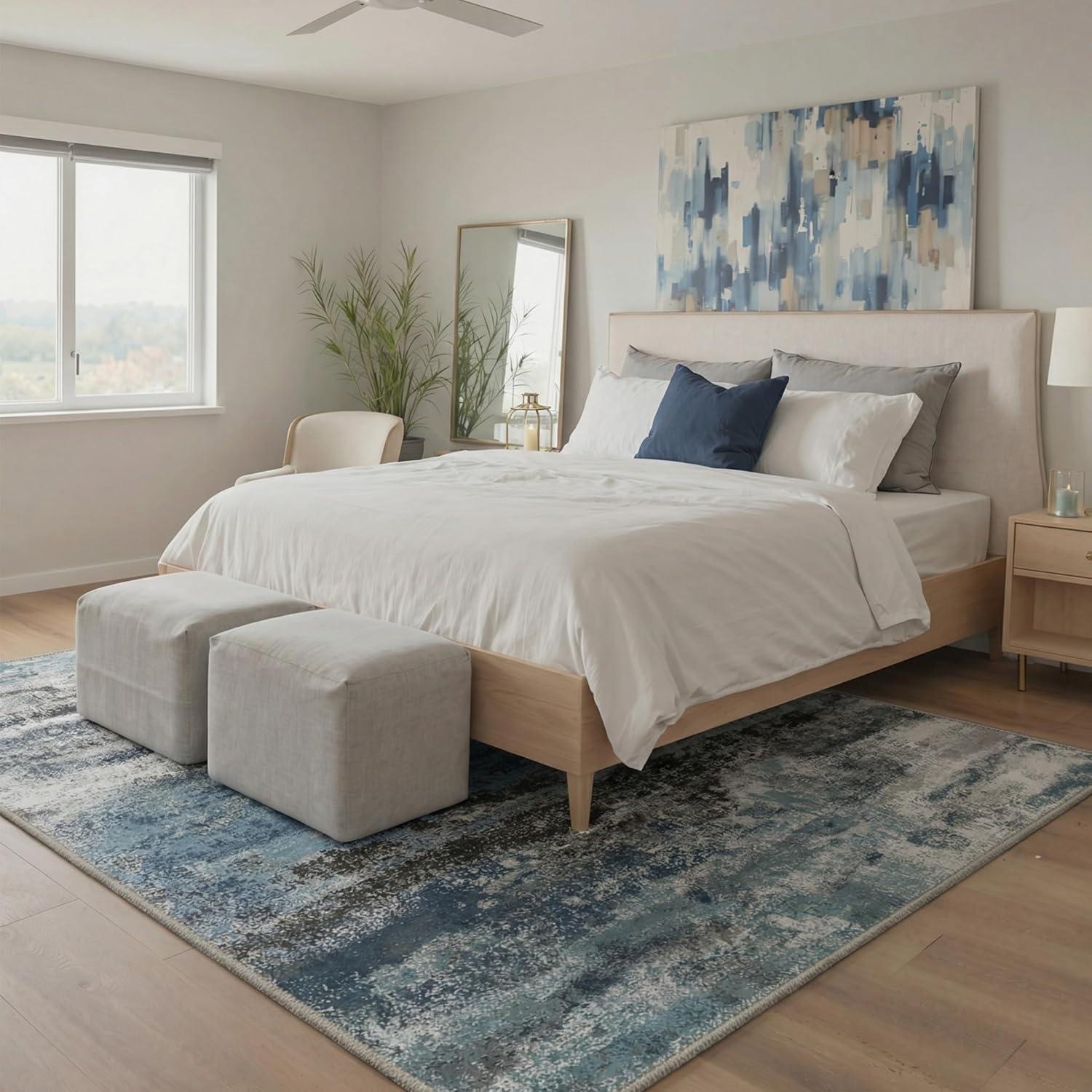 imageGENIMO 5x7 Vintage Floral Area Rug Soft Microfiber Washable Rug with NonSlip Backing Beige Carpet for Living Room Bedroom and Dining RoomTeal Blue