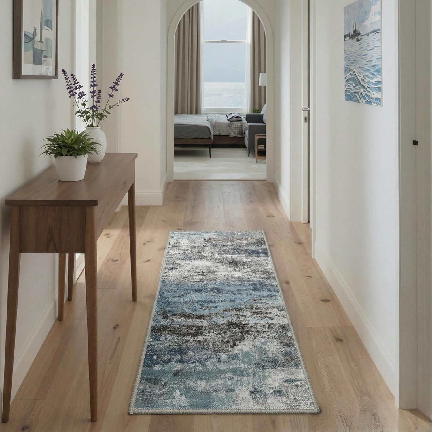 imageGENIMO 5x7 Vintage Floral Area Rug Soft Microfiber Washable Rug with NonSlip Backing Beige Carpet for Living Room Bedroom and Dining RoomTeal Blue
