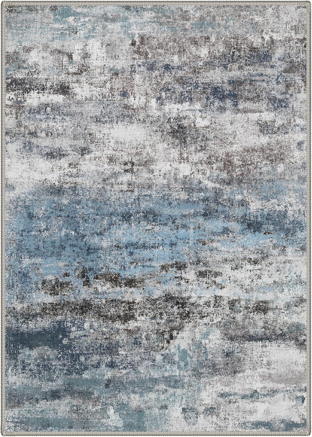 imageGENIMO 5x7 Vintage Floral Area Rug Soft Microfiber Washable Rug with NonSlip Backing Beige Carpet for Living Room Bedroom and Dining RoomTeal Blue