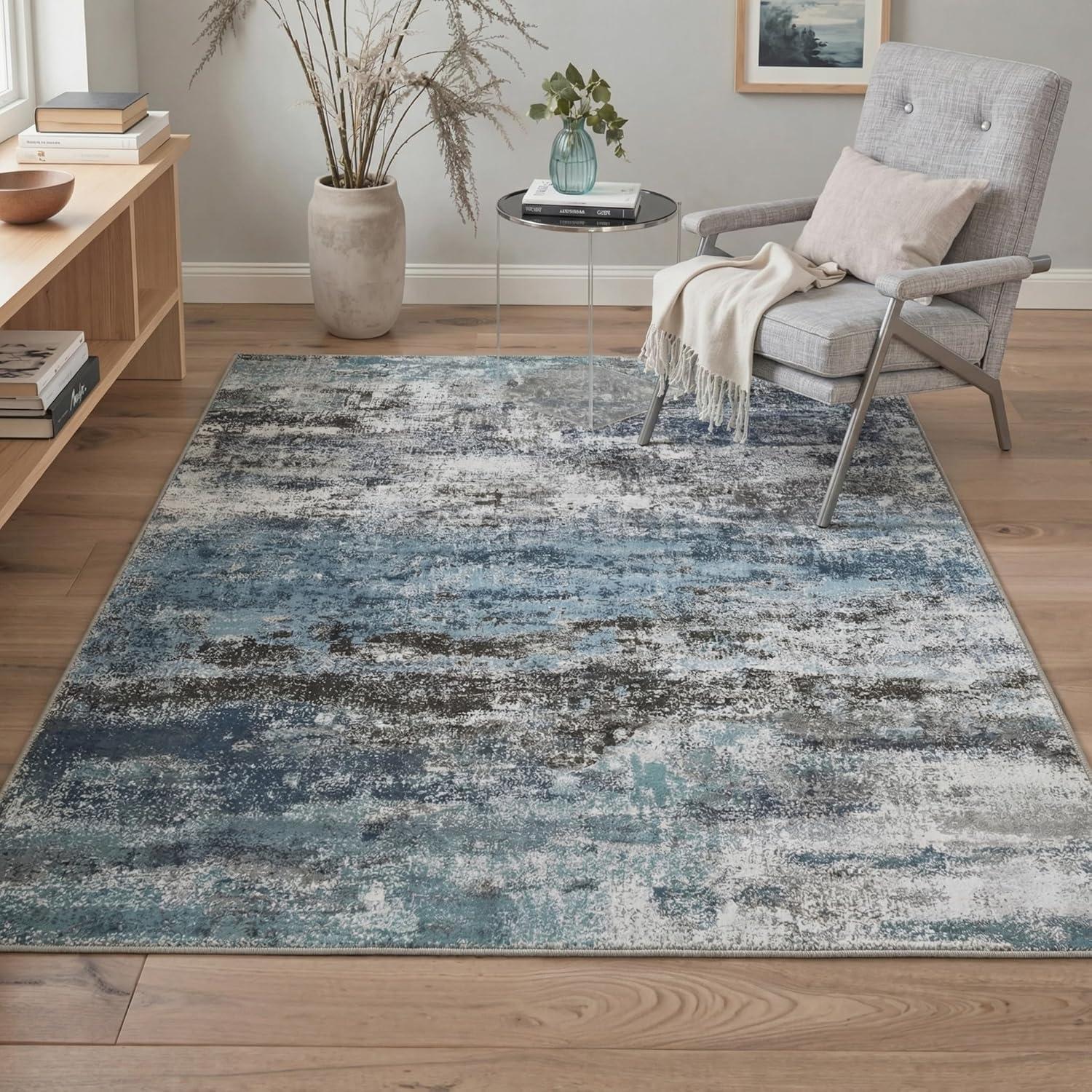 imageGENIMO 5x7 Vintage Floral Area Rug Soft Microfiber Washable Rug with NonSlip Backing Beige Carpet for Living Room Bedroom and Dining RoomTeal Blue