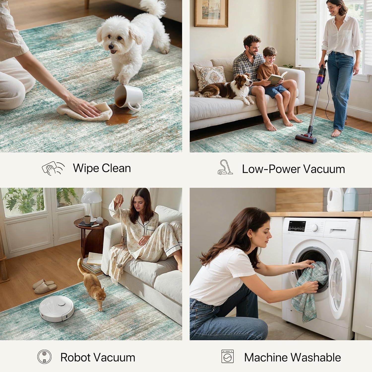imageGENIMO 5x7 Vintage Floral Area Rug Soft Microfiber Washable Rug with NonSlip Backing Beige Carpet for Living Room Bedroom and Dining RoomTeal Brown