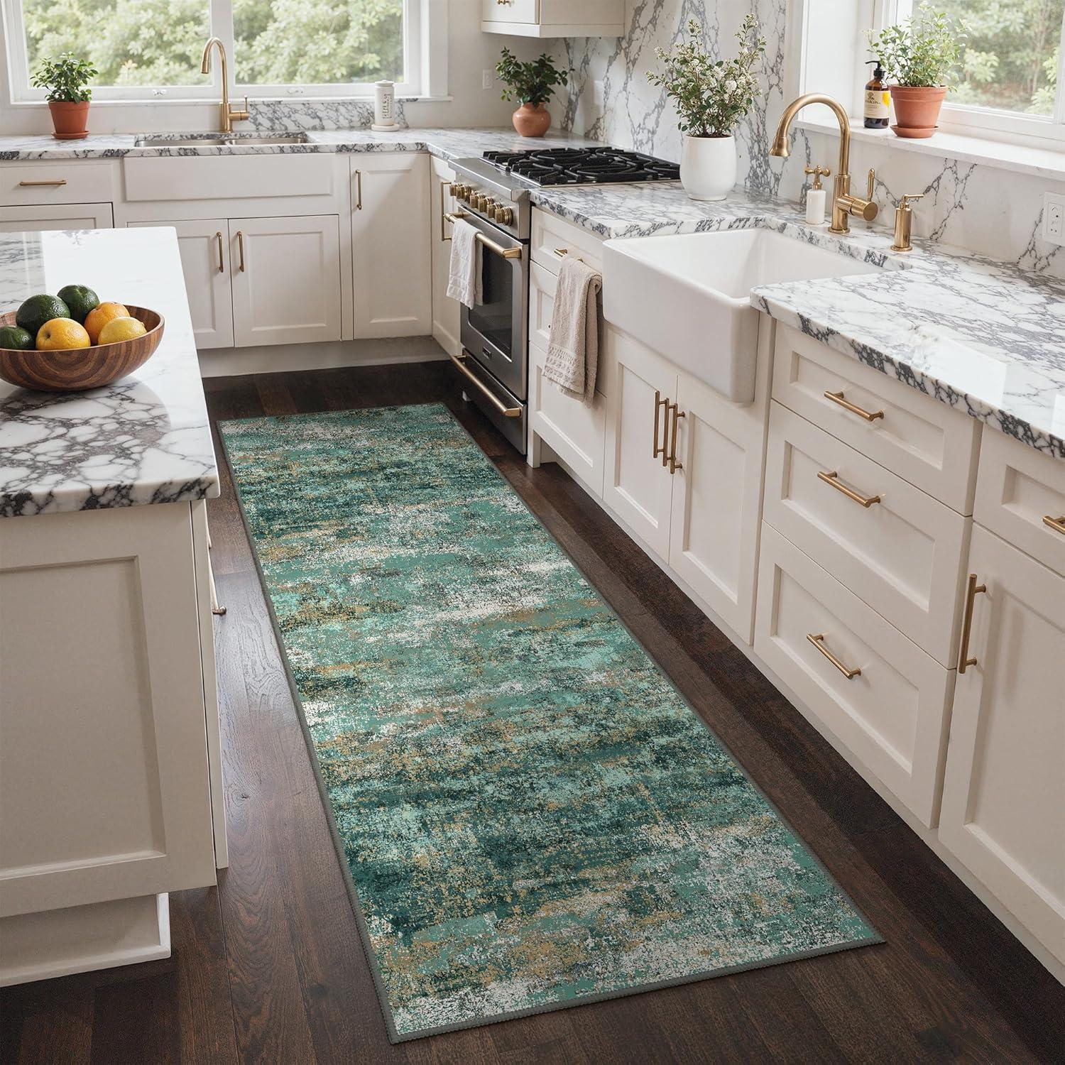 imageGENIMO 5x7 Vintage Floral Area Rug Soft Microfiber Washable Rug with NonSlip Backing Beige Carpet for Living Room Bedroom and Dining RoomTurquoise