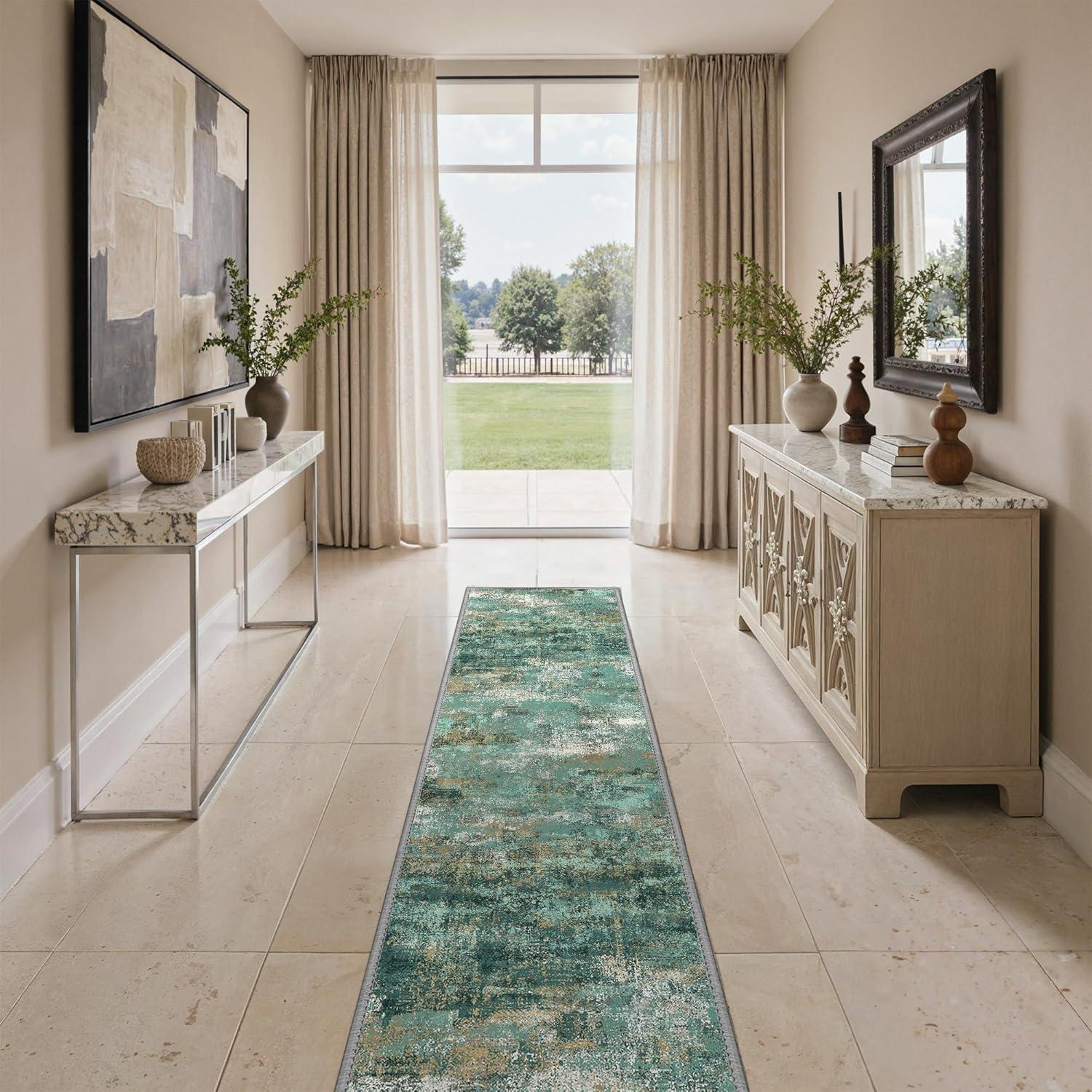 imageGENIMO 5x7 Vintage Floral Area Rug Soft Microfiber Washable Rug with NonSlip Backing Beige Carpet for Living Room Bedroom and Dining RoomTurquoise