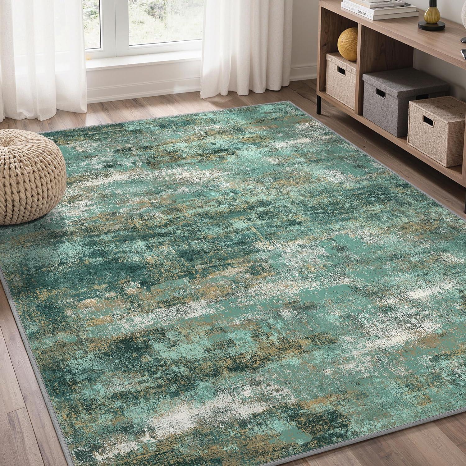 imageGENIMO 5x7 Vintage Floral Area Rug Soft Microfiber Washable Rug with NonSlip Backing Beige Carpet for Living Room Bedroom and Dining RoomTurquoise