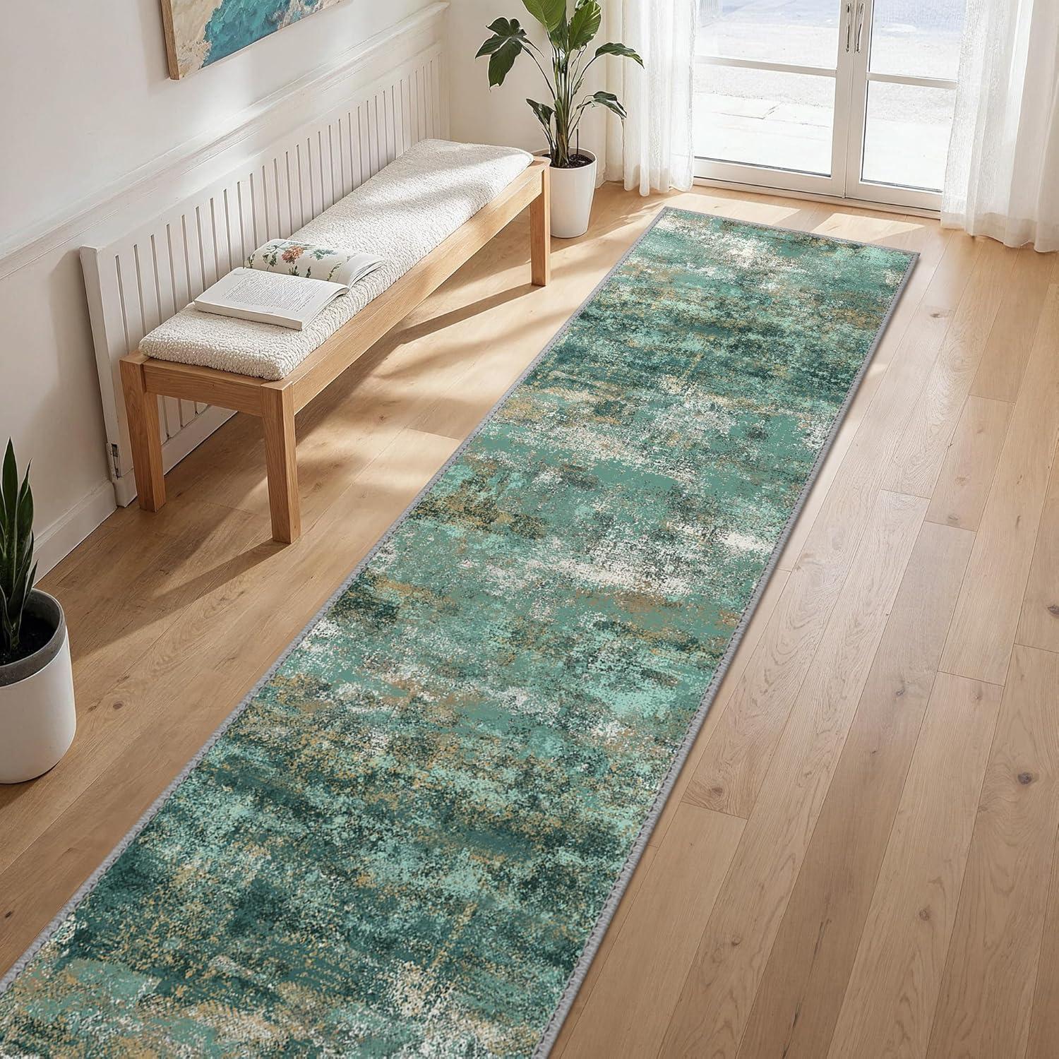 imageGENIMO 5x7 Vintage Floral Area Rug Soft Microfiber Washable Rug with NonSlip Backing Beige Carpet for Living Room Bedroom and Dining RoomTurquoise