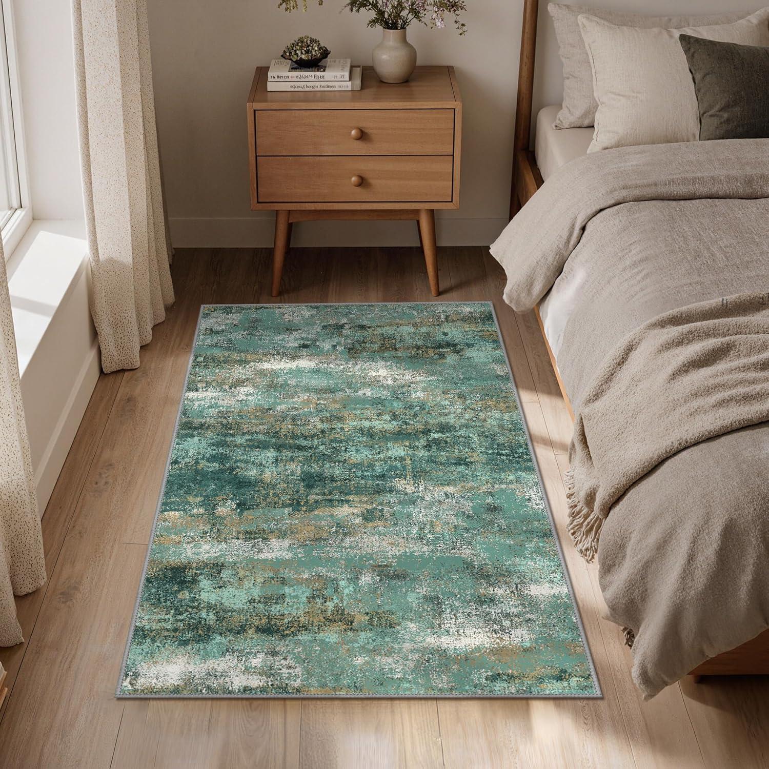 imageGENIMO 5x7 Vintage Floral Area Rug Soft Microfiber Washable Rug with NonSlip Backing Beige Carpet for Living Room Bedroom and Dining RoomTurquoise