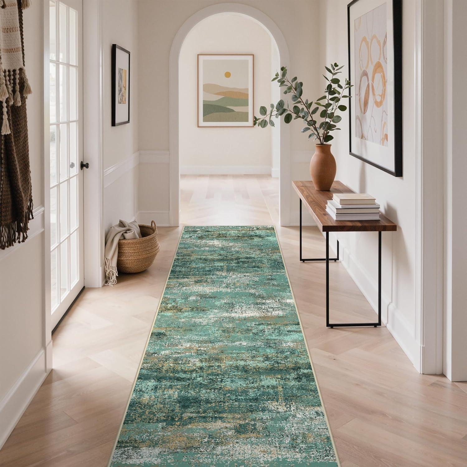 imageGENIMO 5x7 Vintage Floral Area Rug Soft Microfiber Washable Rug with NonSlip Backing Beige Carpet for Living Room Bedroom and Dining RoomTurquoise