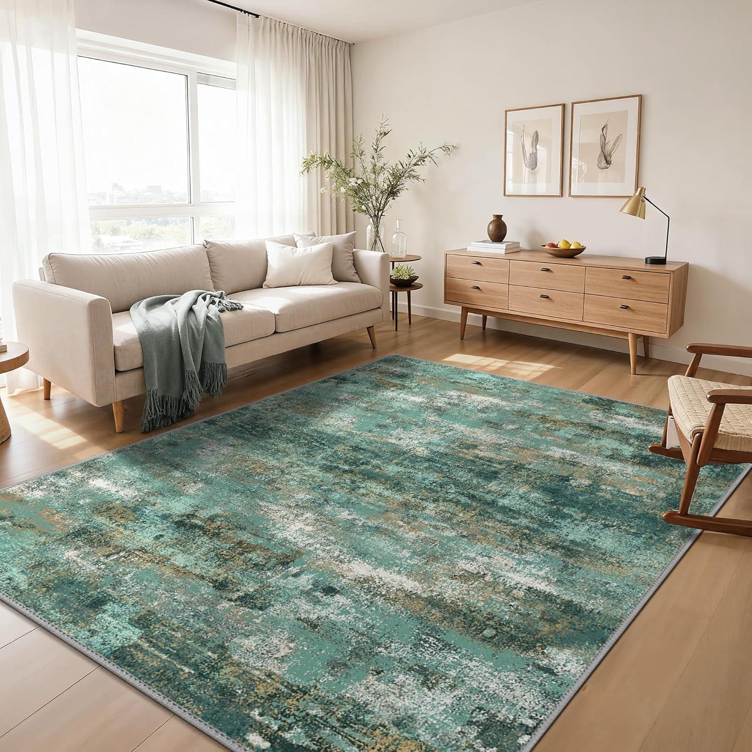imageGENIMO 5x7 Vintage Floral Area Rug Soft Microfiber Washable Rug with NonSlip Backing Beige Carpet for Living Room Bedroom and Dining RoomTurquoise