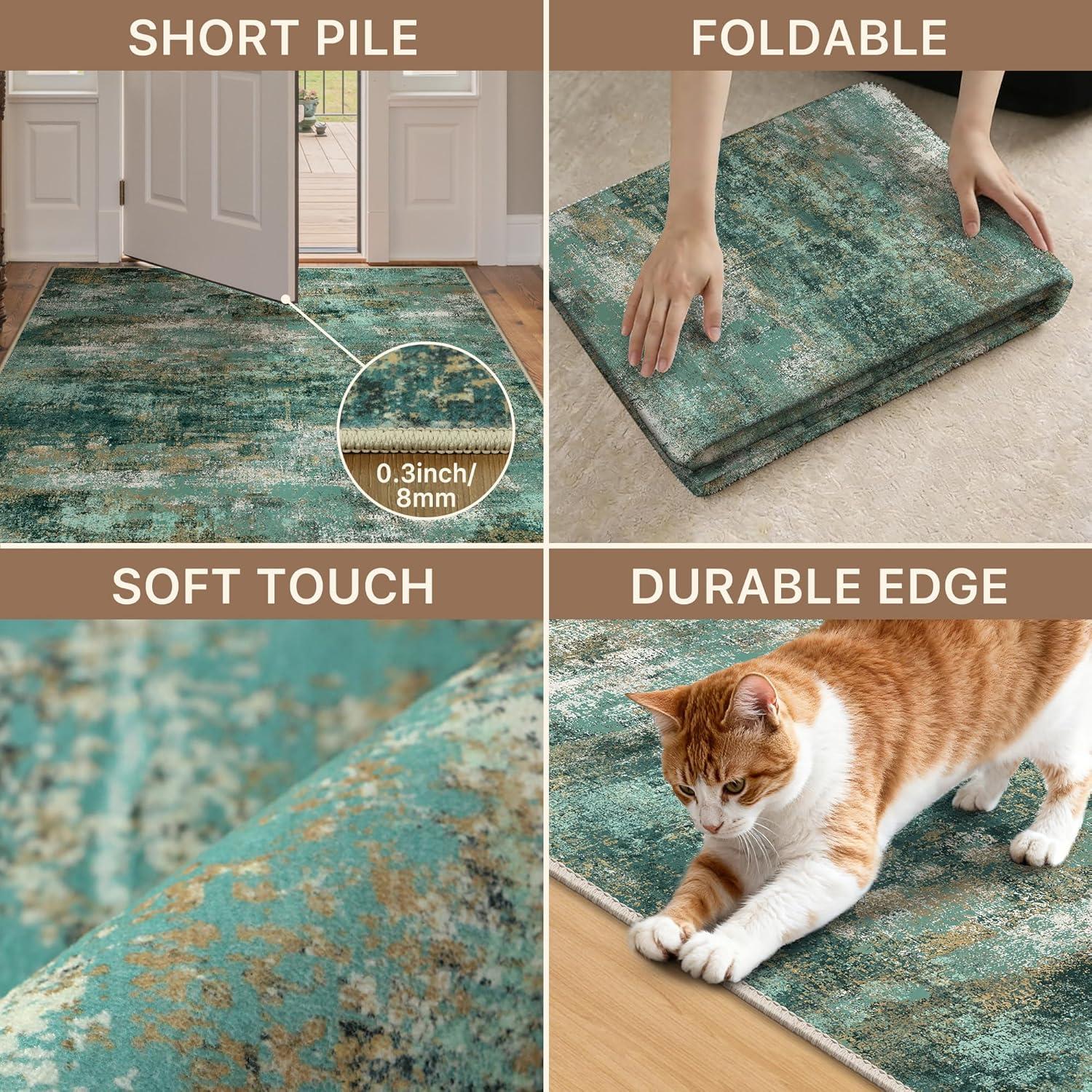 imageGENIMO 5x7 Vintage Floral Area Rug Soft Microfiber Washable Rug with NonSlip Backing Beige Carpet for Living Room Bedroom and Dining RoomTurquoise