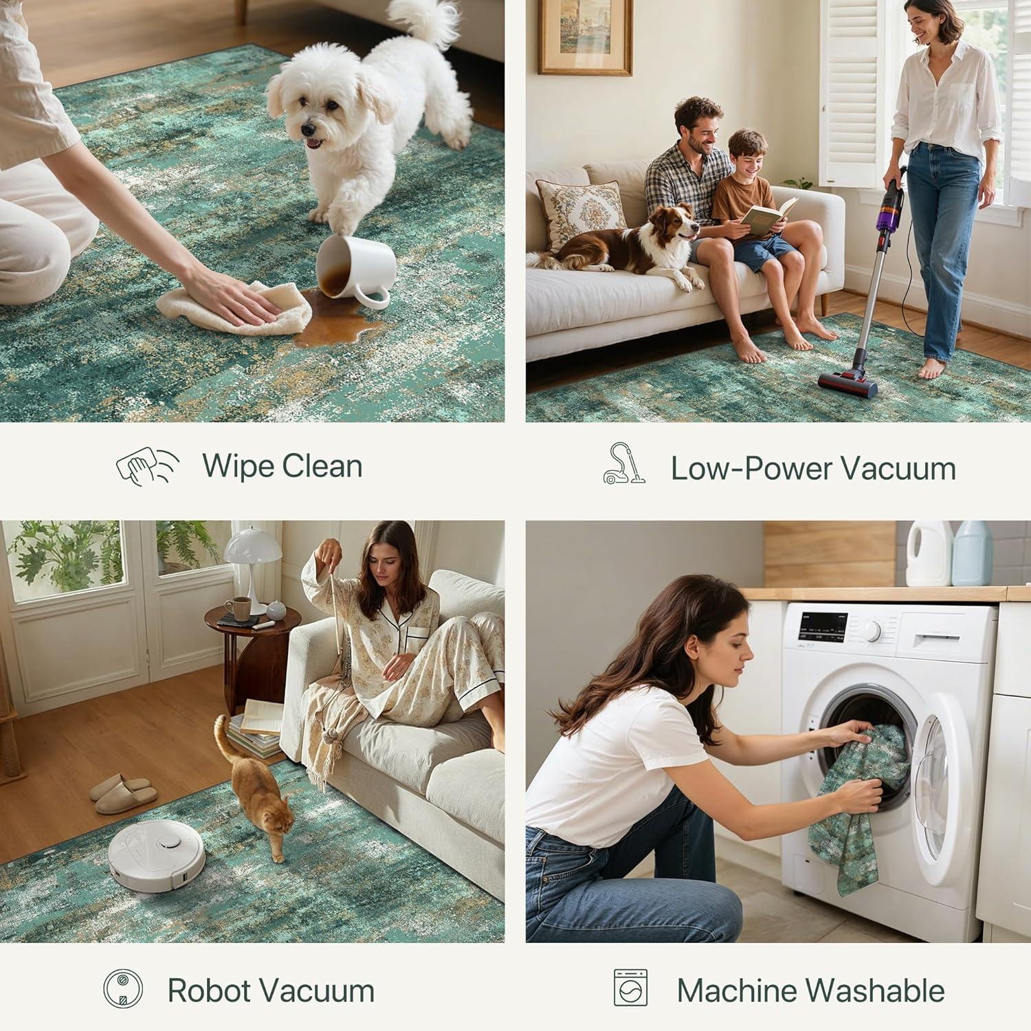 imageGENIMO 5x7 Vintage Floral Area Rug Soft Microfiber Washable Rug with NonSlip Backing Beige Carpet for Living Room Bedroom and Dining RoomTurquoise