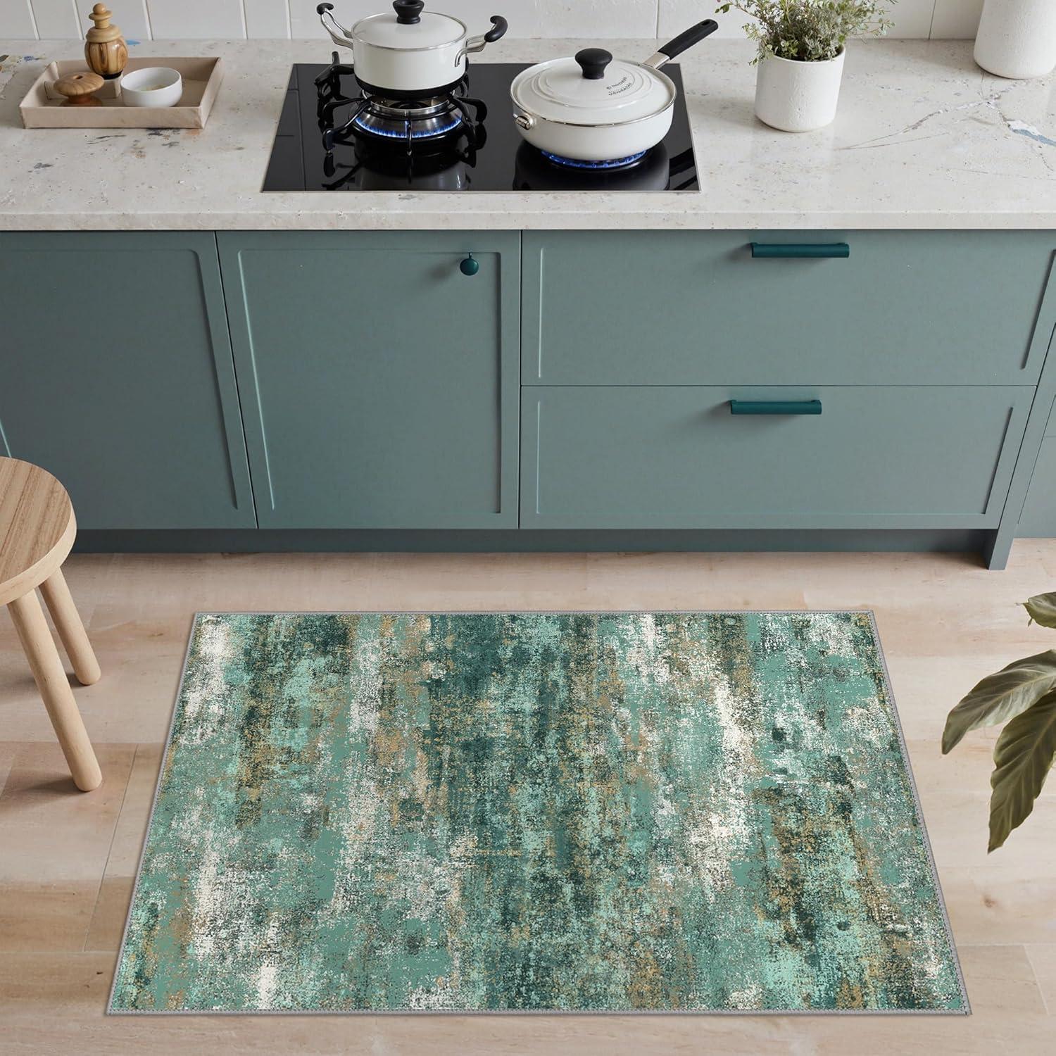 imageGENIMO 5x7 Vintage Floral Area Rug Soft Microfiber Washable Rug with NonSlip Backing Beige Carpet for Living Room Bedroom and Dining RoomTurquoise