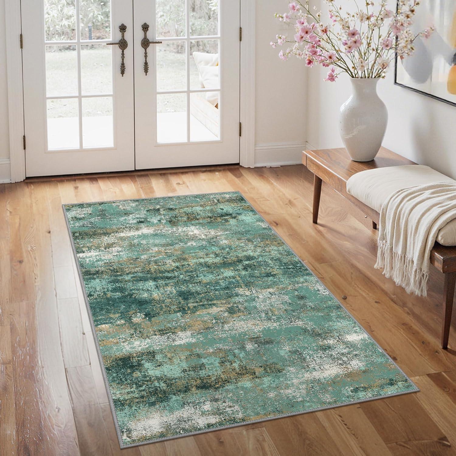 imageGENIMO 5x7 Vintage Floral Area Rug Soft Microfiber Washable Rug with NonSlip Backing Beige Carpet for Living Room Bedroom and Dining RoomTurquoise