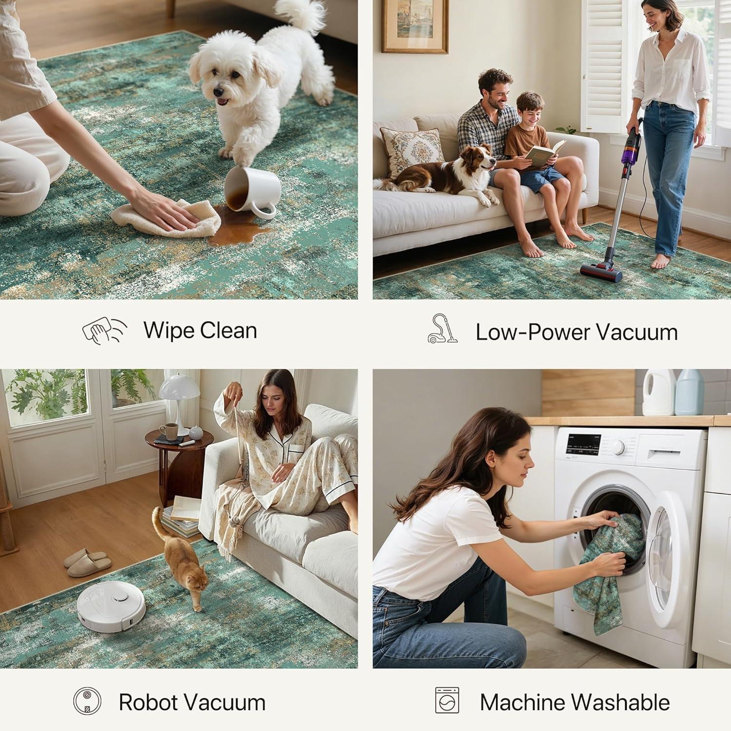 imageGENIMO 5x7 Vintage Floral Area Rug Soft Microfiber Washable Rug with NonSlip Backing Beige Carpet for Living Room Bedroom and Dining RoomTurquoise