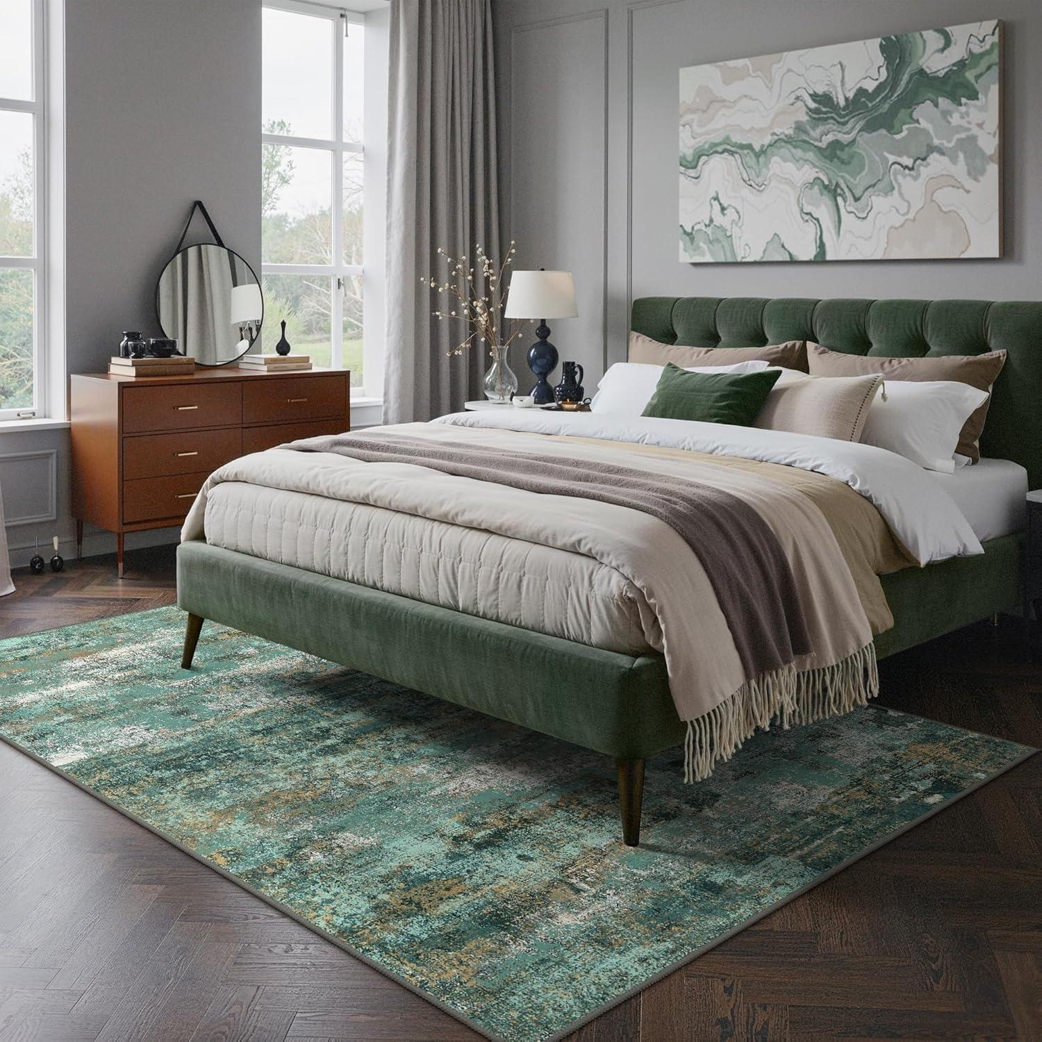 imageGENIMO 5x7 Vintage Floral Area Rug Soft Microfiber Washable Rug with NonSlip Backing Beige Carpet for Living Room Bedroom and Dining RoomTurquoise