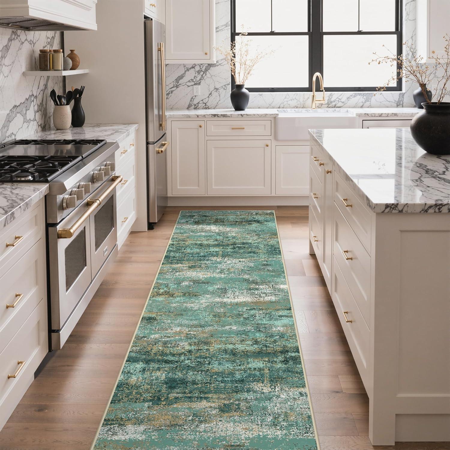 imageGENIMO 5x7 Vintage Floral Area Rug Soft Microfiber Washable Rug with NonSlip Backing Beige Carpet for Living Room Bedroom and Dining RoomTurquoise