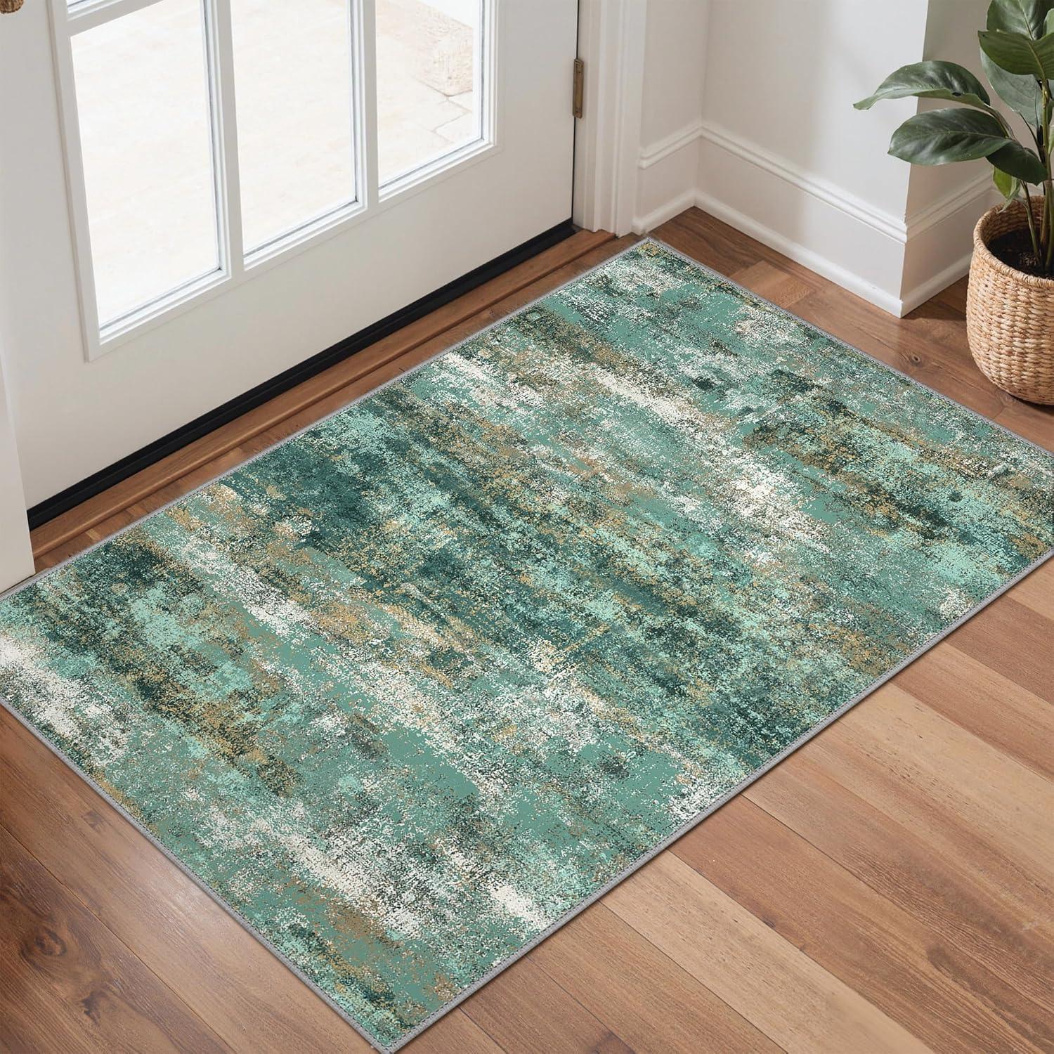 imageGENIMO 5x7 Vintage Floral Area Rug Soft Microfiber Washable Rug with NonSlip Backing Beige Carpet for Living Room Bedroom and Dining RoomTurquoise