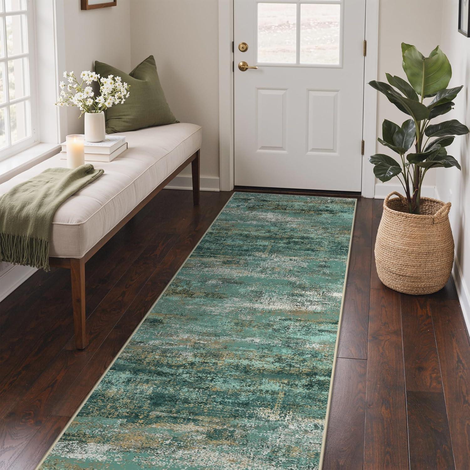 imageGENIMO 5x7 Vintage Floral Area Rug Soft Microfiber Washable Rug with NonSlip Backing Beige Carpet for Living Room Bedroom and Dining RoomTurquoise
