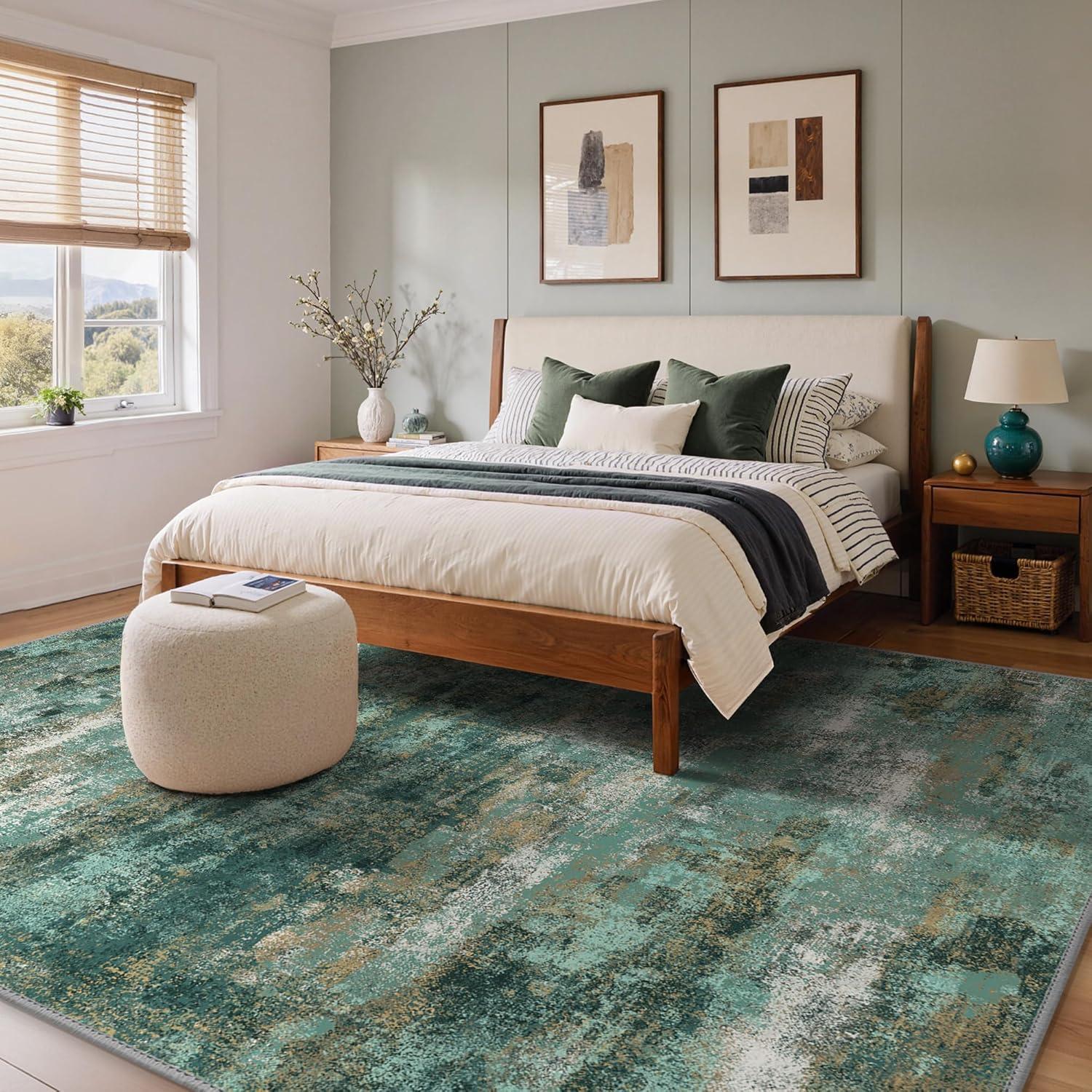 imageGENIMO 5x7 Vintage Floral Area Rug Soft Microfiber Washable Rug with NonSlip Backing Beige Carpet for Living Room Bedroom and Dining RoomTurquoise