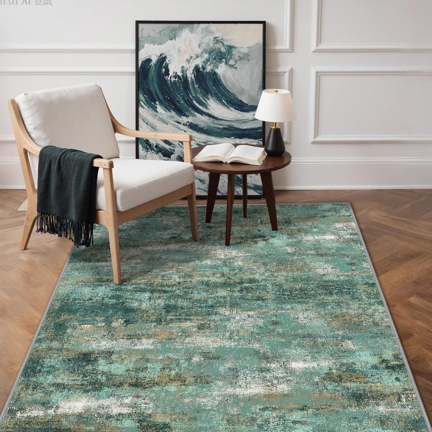imageGENIMO 5x7 Vintage Floral Area Rug Soft Microfiber Washable Rug with NonSlip Backing Beige Carpet for Living Room Bedroom and Dining RoomTurquoise