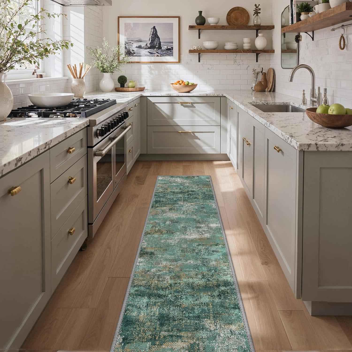 imageGENIMO 5x7 Vintage Floral Area Rug Soft Microfiber Washable Rug with NonSlip Backing Beige Carpet for Living Room Bedroom and Dining RoomTurquoise
