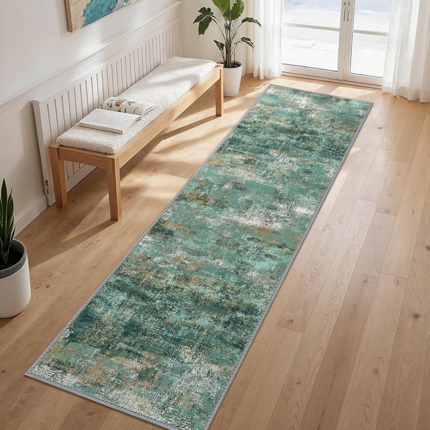 imageGENIMO 5x7 Vintage Floral Area Rug Soft Microfiber Washable Rug with NonSlip Backing Beige Carpet for Living Room Bedroom and Dining RoomTurquoise