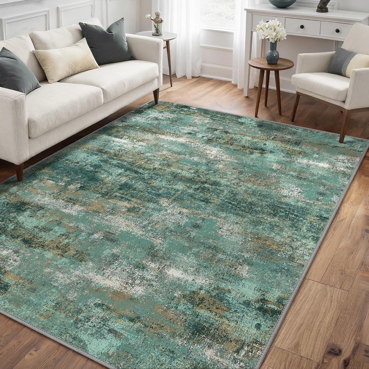imageGENIMO 5x7 Vintage Floral Area Rug Soft Microfiber Washable Rug with NonSlip Backing Beige Carpet for Living Room Bedroom and Dining RoomTurquoise