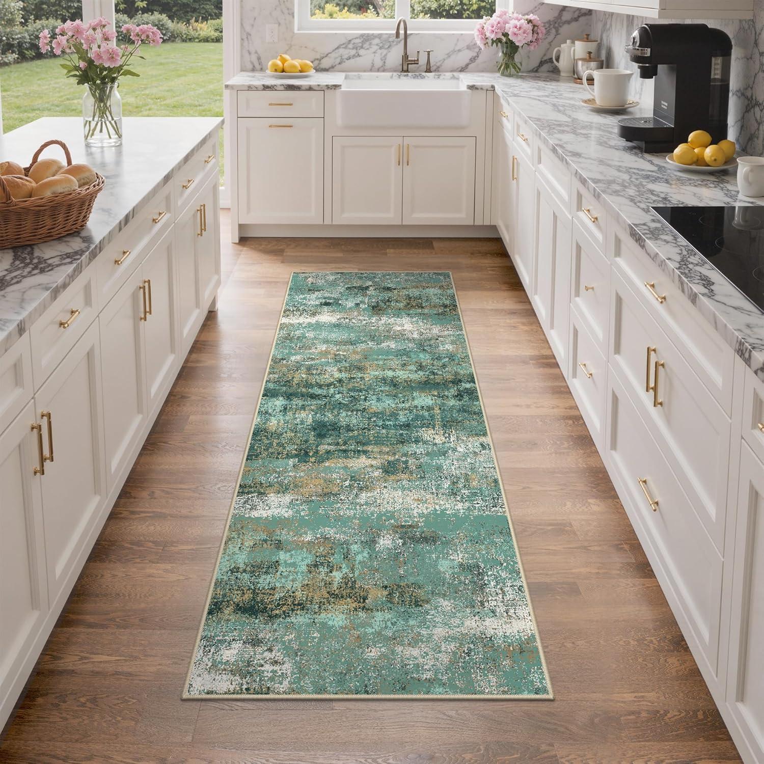 imageGENIMO 5x7 Vintage Floral Area Rug Soft Microfiber Washable Rug with NonSlip Backing Beige Carpet for Living Room Bedroom and Dining RoomTurquoise