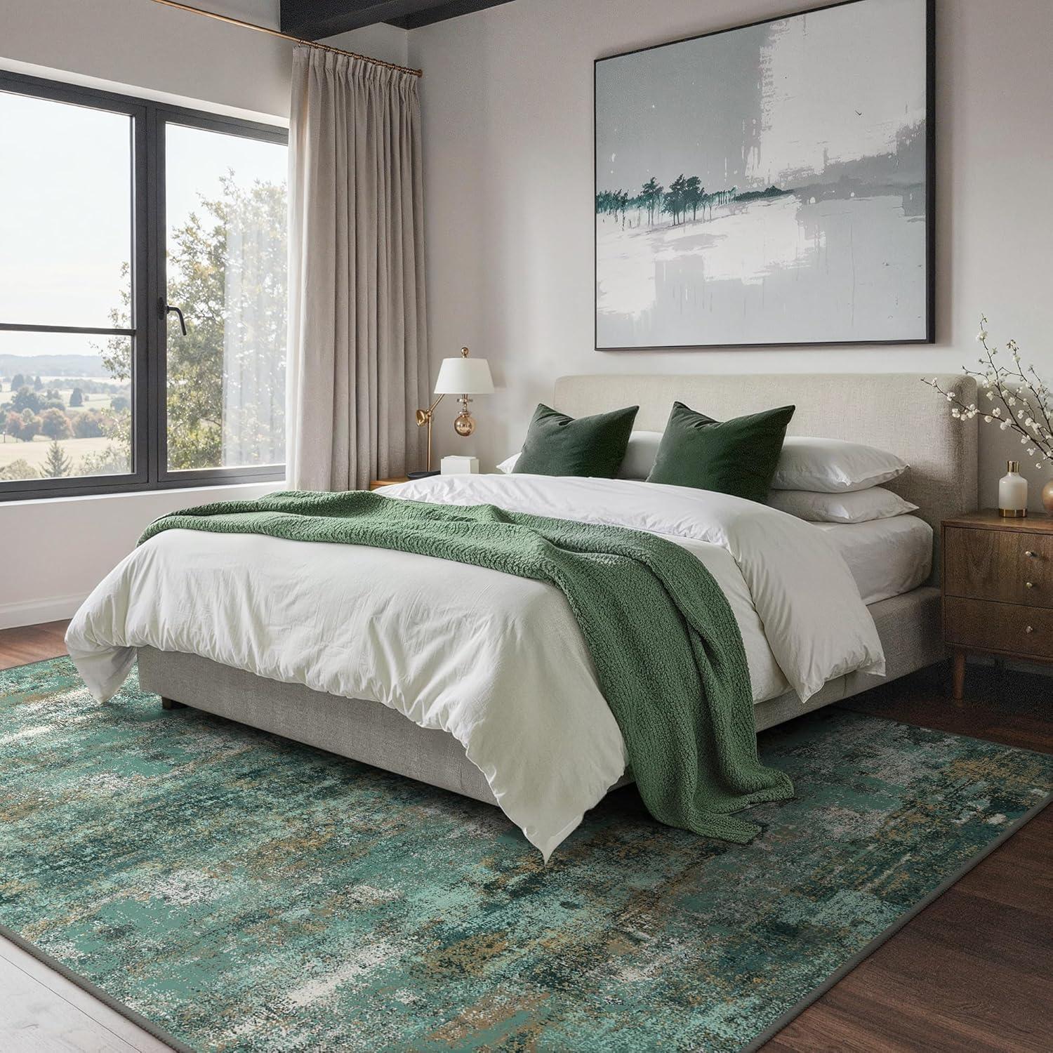 imageGENIMO 5x7 Vintage Floral Area Rug Soft Microfiber Washable Rug with NonSlip Backing Beige Carpet for Living Room Bedroom and Dining RoomTurquoise